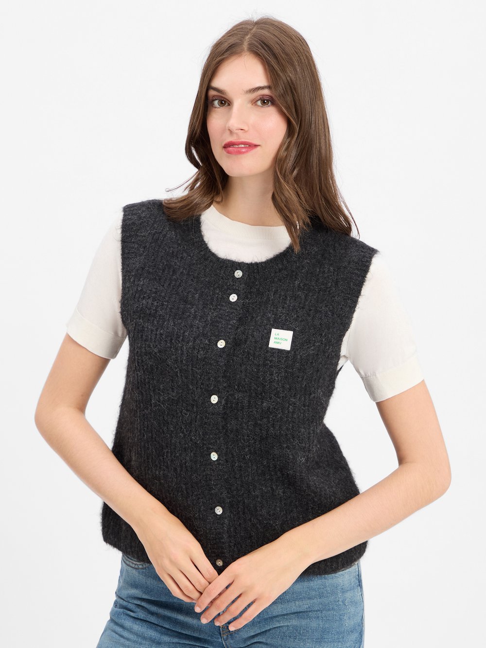 american vintage Strickweste mit Alpaka-Anteil Damen grau meliert, L