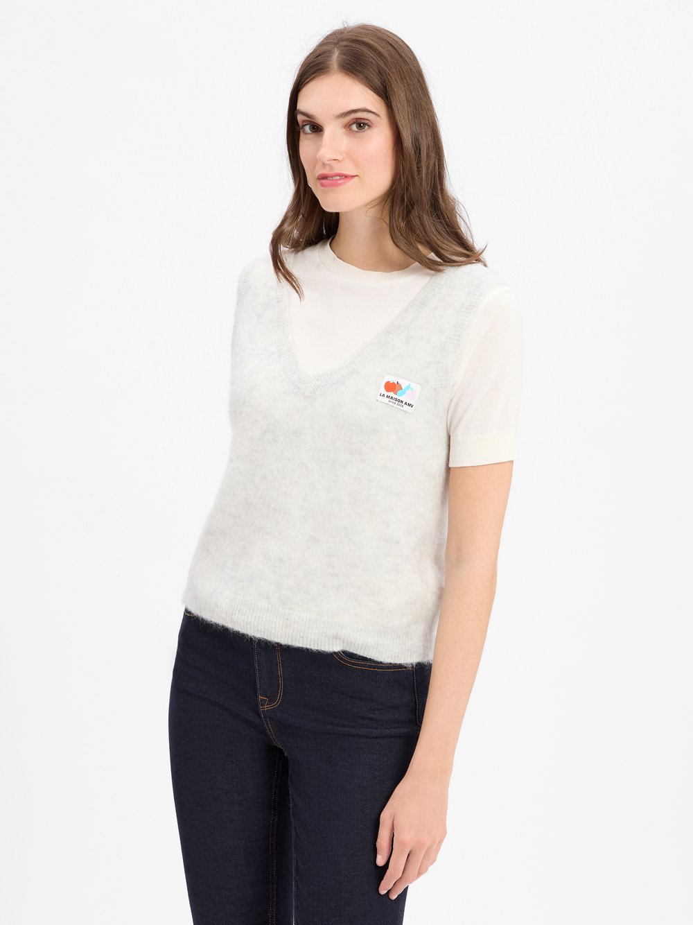 american vintage Strickpullunder mit Alpaka-Anteil Damen Feinstrick grau meliert, M/L