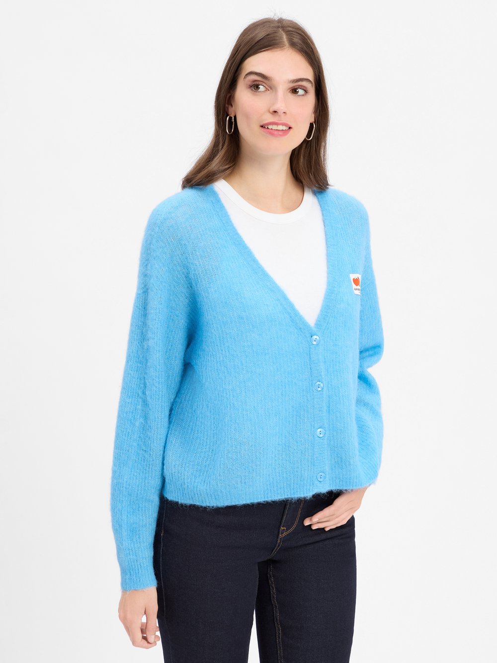 american vintage Strickjacke mit Alpaka-Anteil Damen Grobstrick blau meliert, XS/S