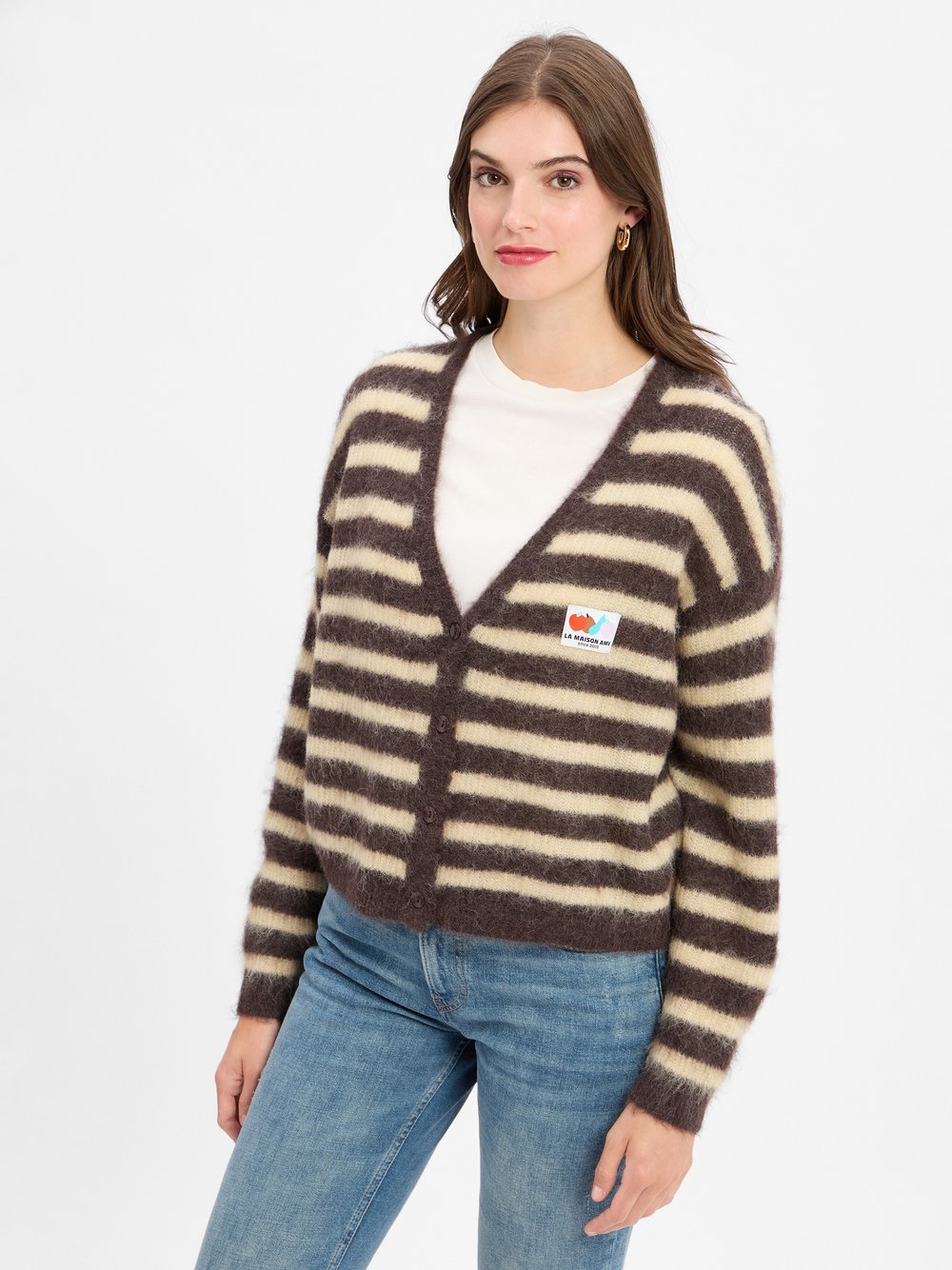 american vintage Strickjacke mit Alpaka-Anteil Damen Grobstrick mehrfarbig gestreift, XS/S