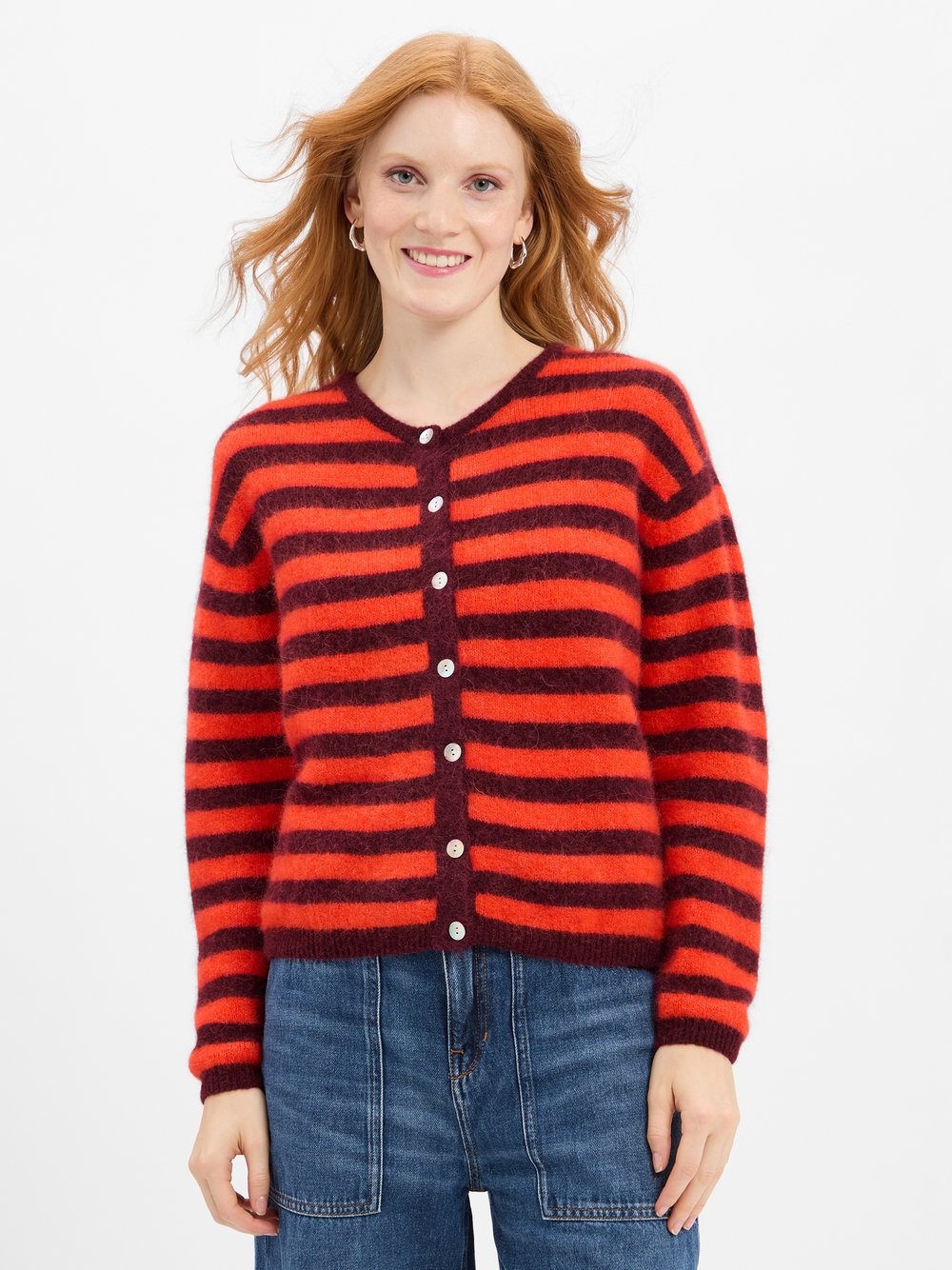 american vintage Strickjacke mit Alpaka- und Leinen-Anteil Damen Wolle rot gestreift, L