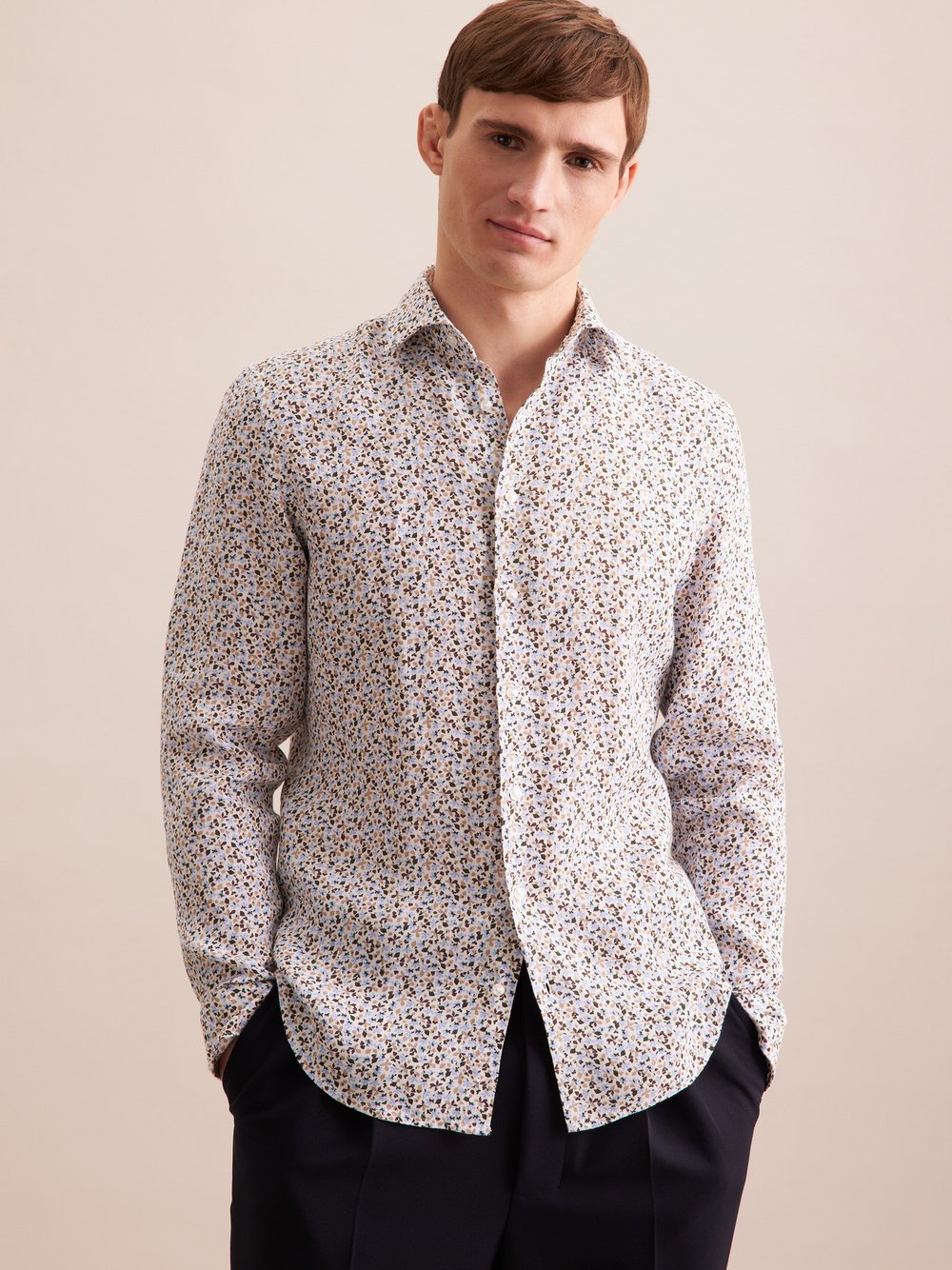 Thumbnail - Seidensticker Business Hemd Herren Slim Fit Leinen beige bedruckt, 38