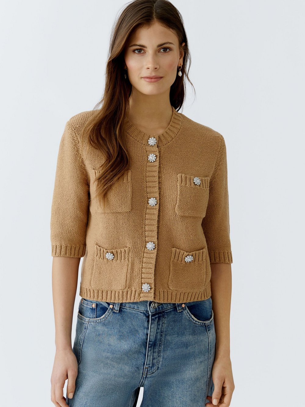 Thumbnail - Oui Strickjacke Damen Baumwolle beige, 38