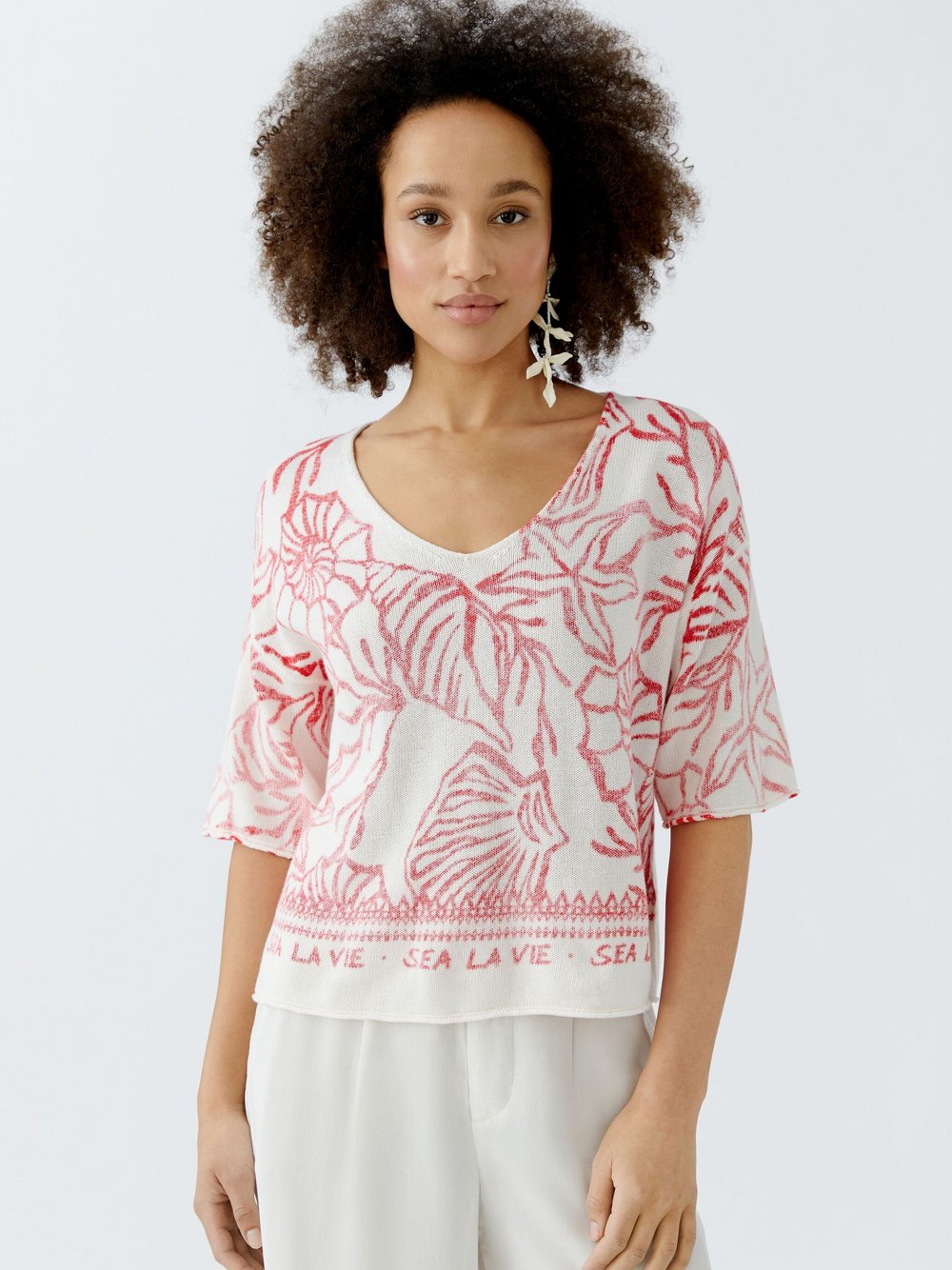 Thumbnail - Oui Pullover Damen Baumwolle weiß gemustert, 38