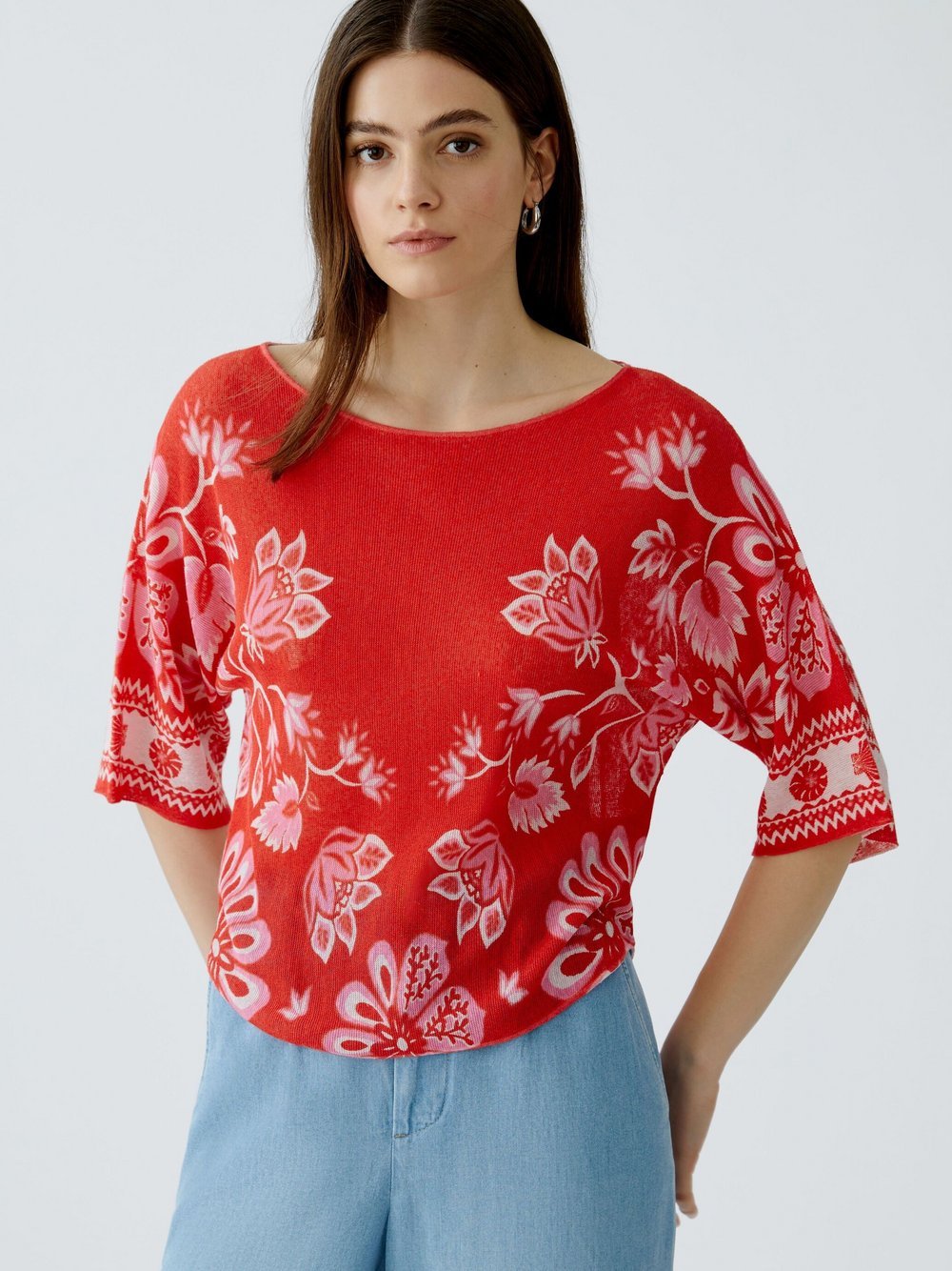 Thumbnail - Oui Pullover Damen Leinen rot gemustert, 38