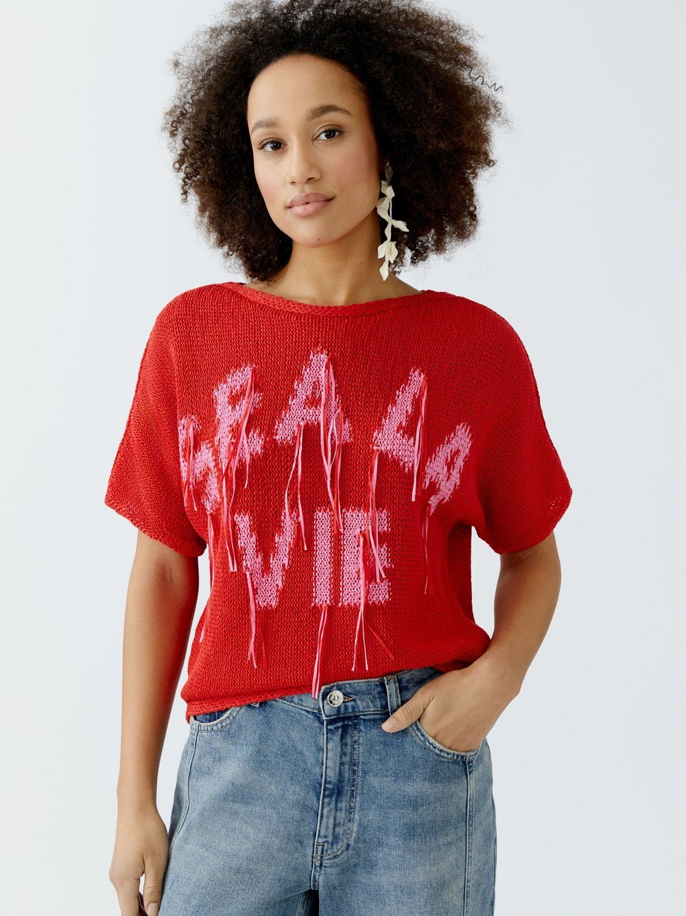 Thumbnail - Oui Pullover Damen Baumwolle rot gemustert, 36