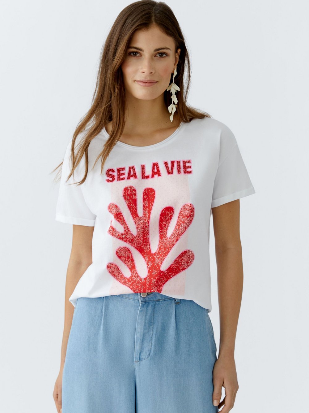 Thumbnail - Oui T-Shirt Damen Baumwolle weiß bedruckt, 44
