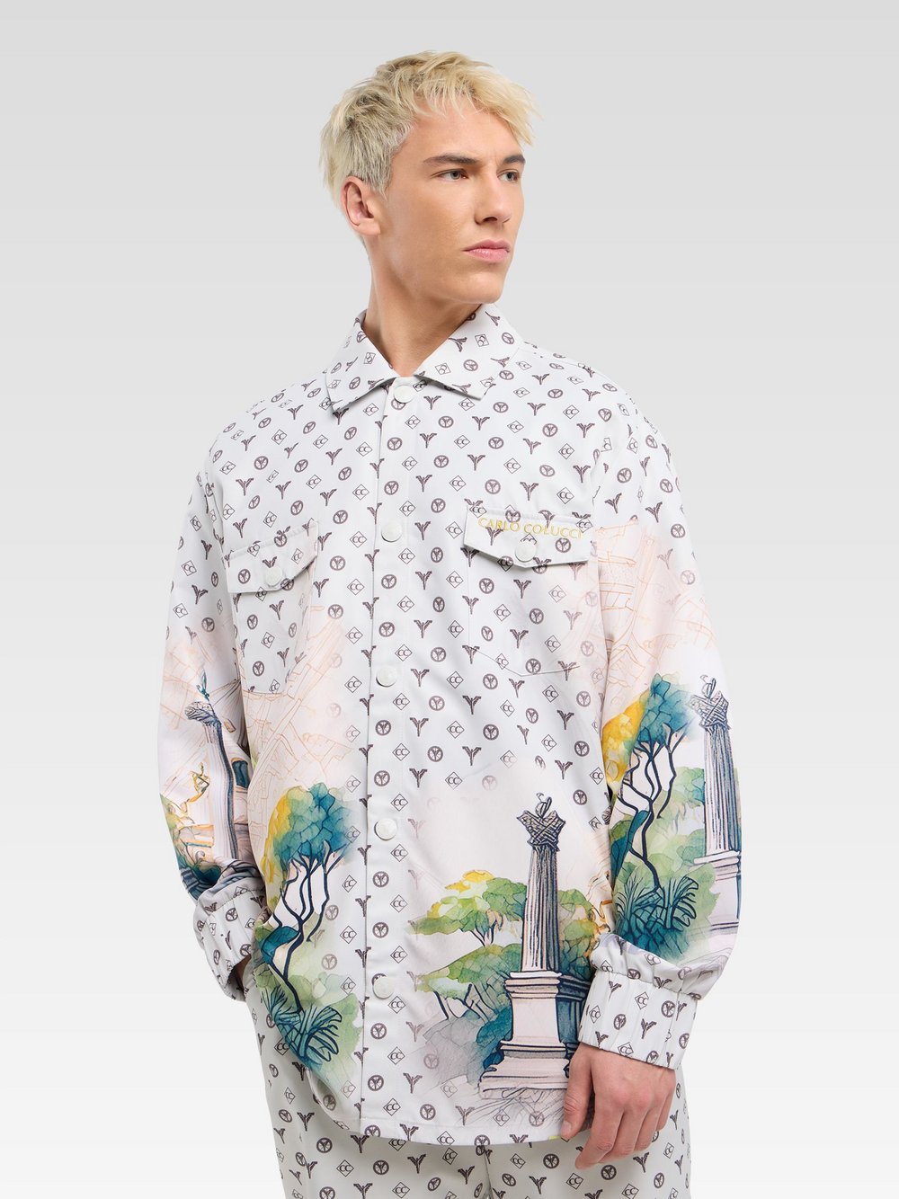 Carlo Colucci Langarmhemd Herren Regular Fit weiß bedruckt, XL