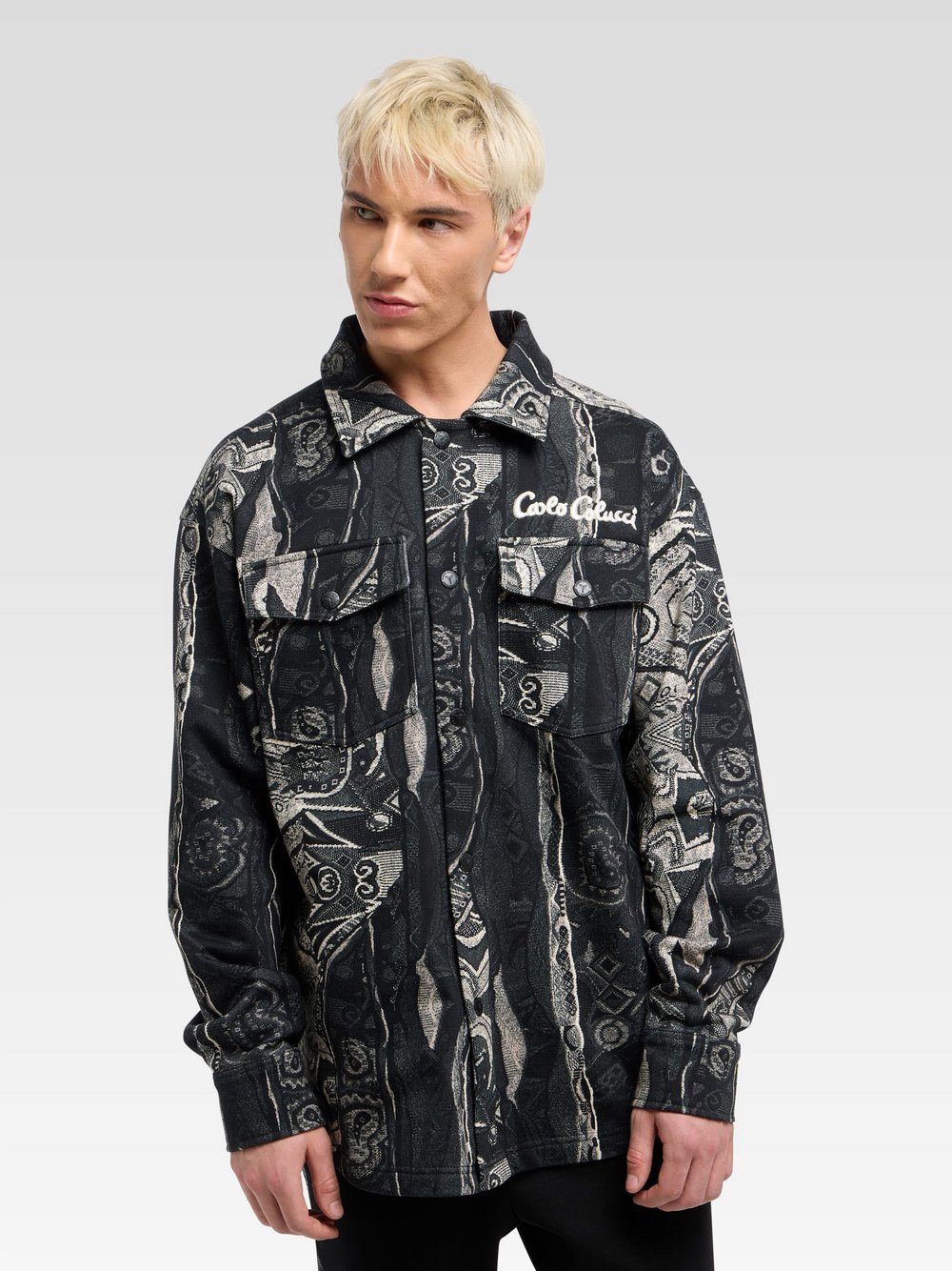 Carlo Colucci Langarmhemd  Herren Regular Fit Baumwolle schwarz gemustert, XL