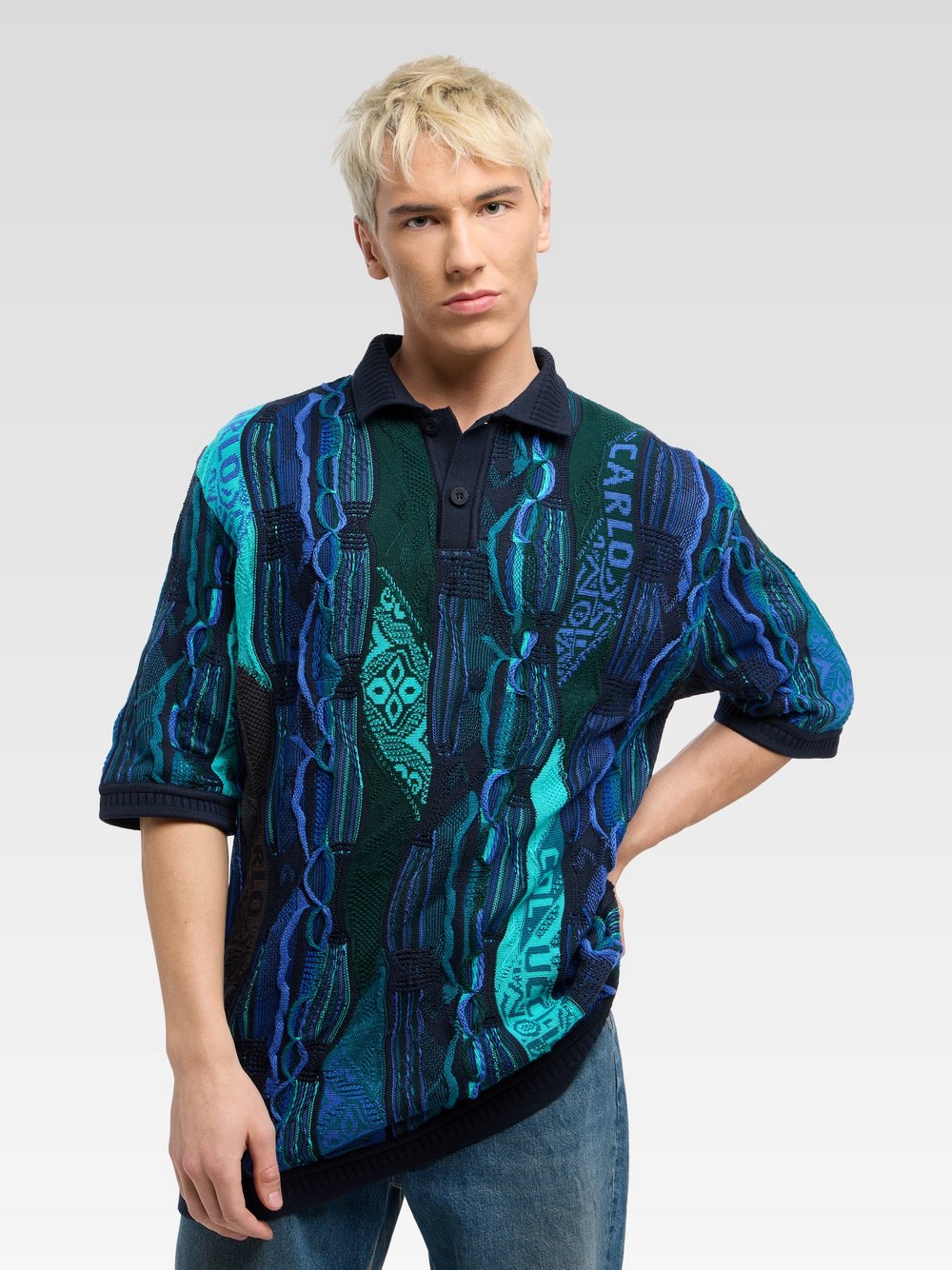 Carlo Colucci Poloshirt  Herren Baumwolle blau gemustert, XXL