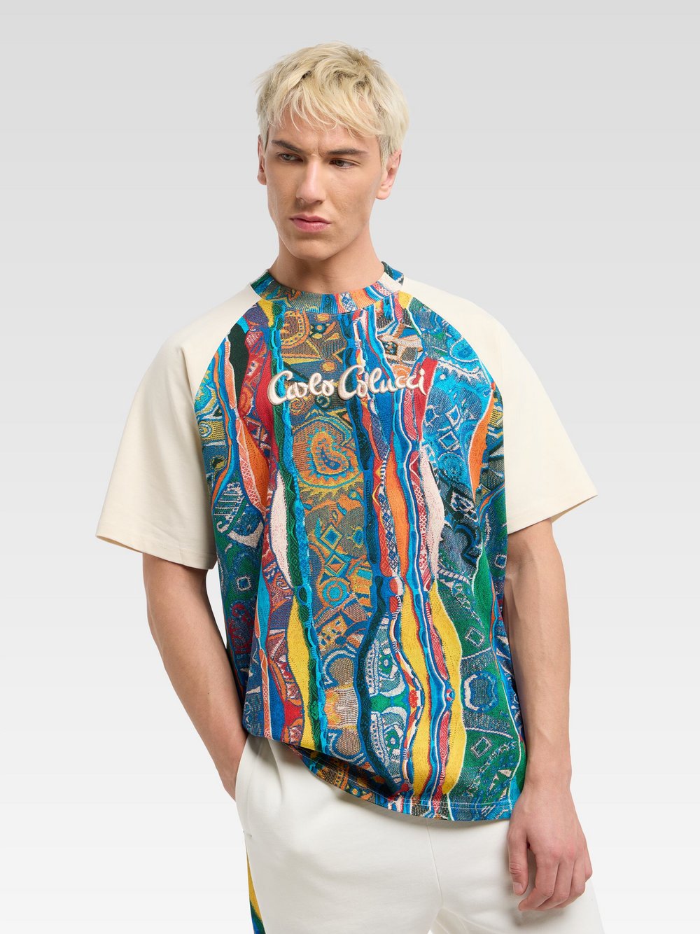Carlo Colucci T-Shirt  Herren Baumwolle weiß gemustert, L