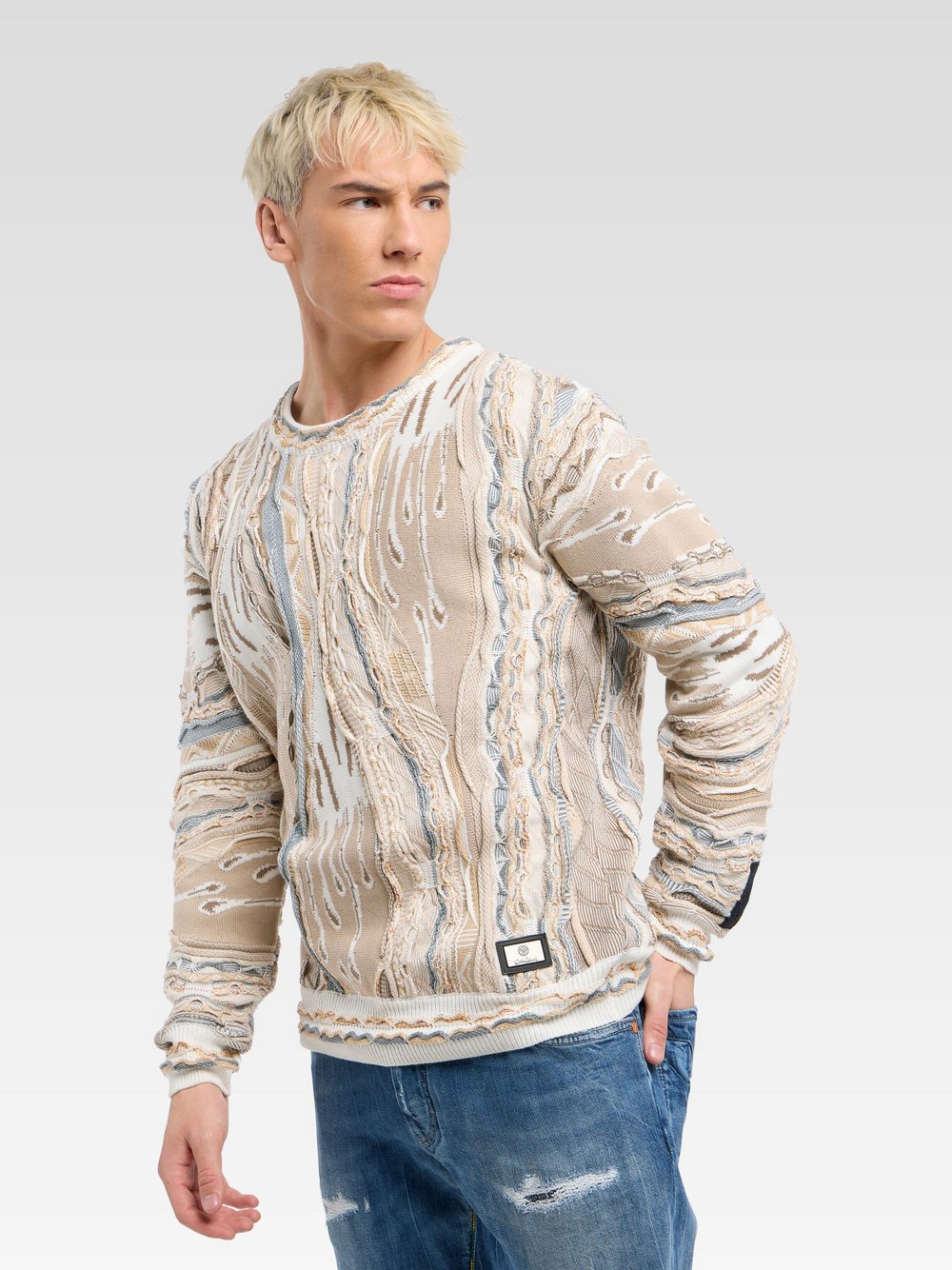 Thumbnail - Carlo Colucci Strickpullover Herren Baumwolle beige gemustert, XL