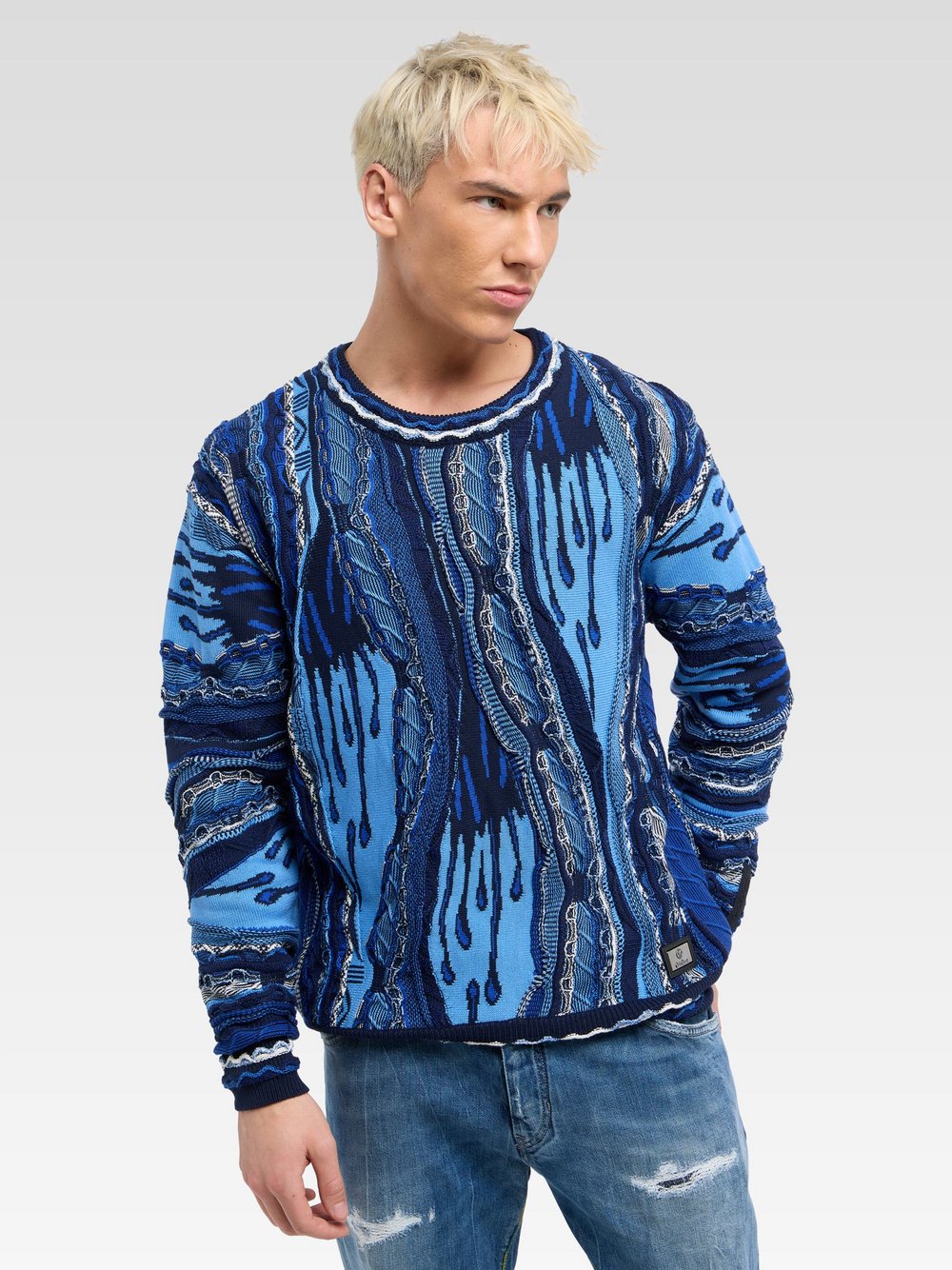 Thumbnail - Carlo Colucci Strickpullover Herren Baumwolle blau gemustert, XL