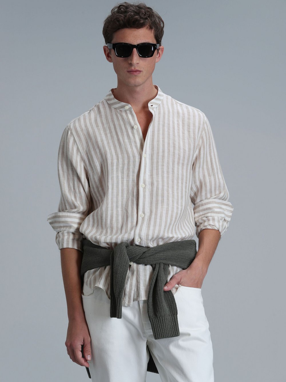 Lufian Hemd Herren Slim Fit Leinen beige gestreift, S