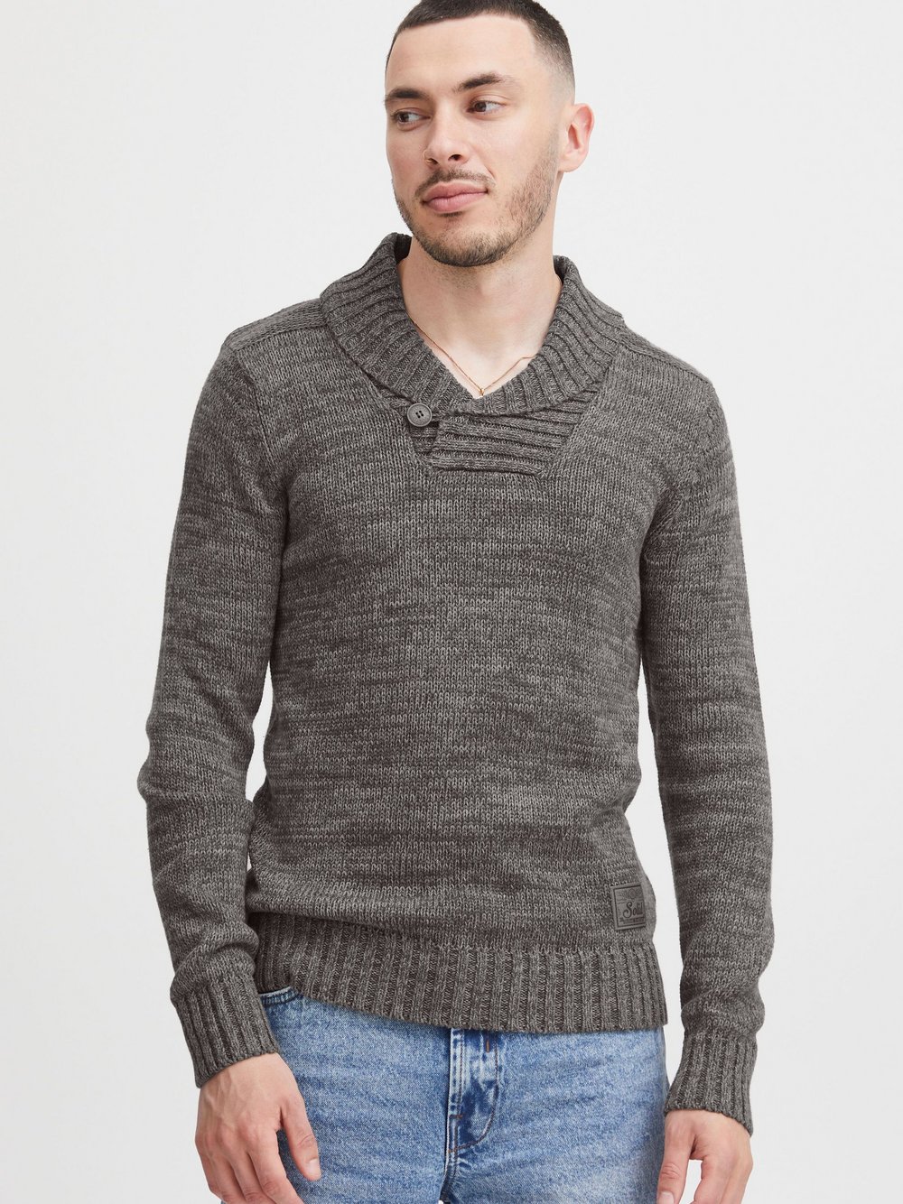 Thumbnail - Solid Schalkragenpullover Herren Baumwolle grau gemustert, S