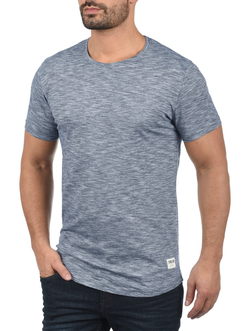 Thumbnail - Solid Rundhalsshirt Herren Baumwolle blau meliert, XXL