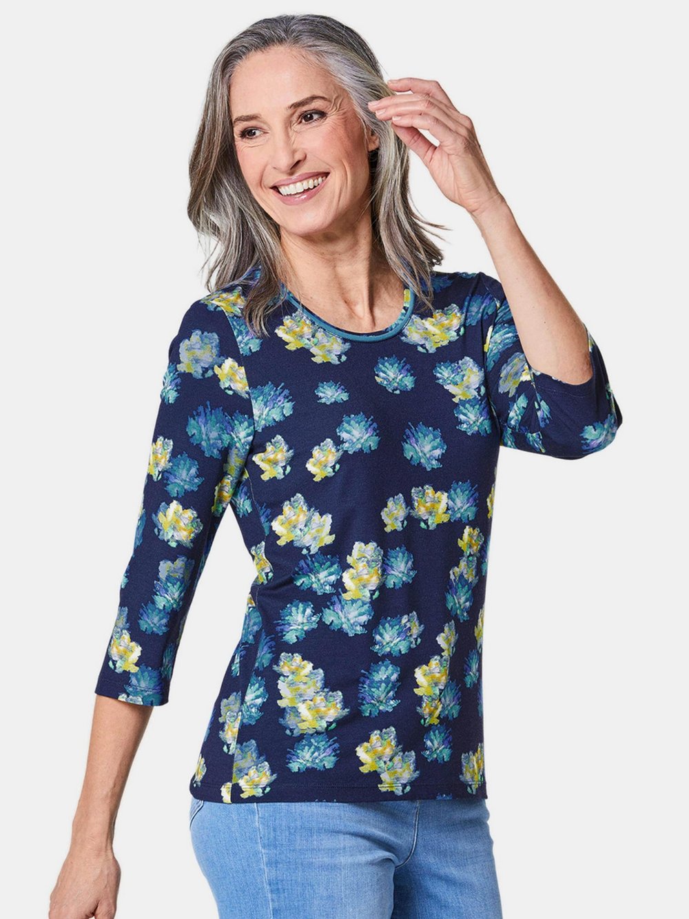 Thumbnail - Goldner Druckshirt Damen Viskose blau gemustert, 42