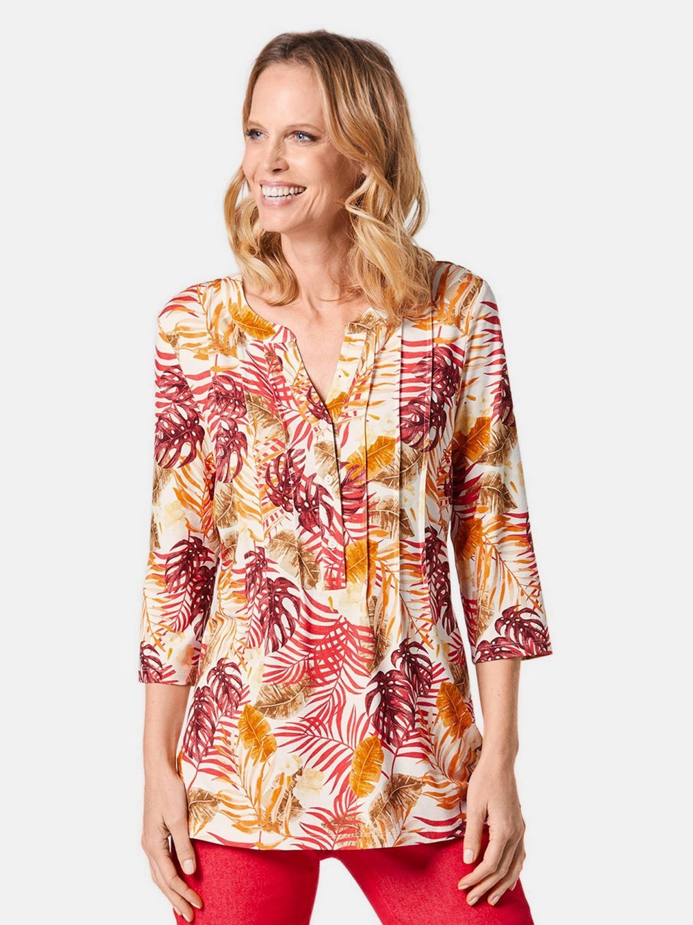 Goldner Drucktunika-Shirt Damen Viskose rot gemustert, 44