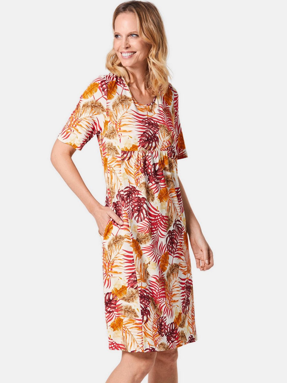 Goldner Druckkleid Damen Viskose rot gemustert, 44