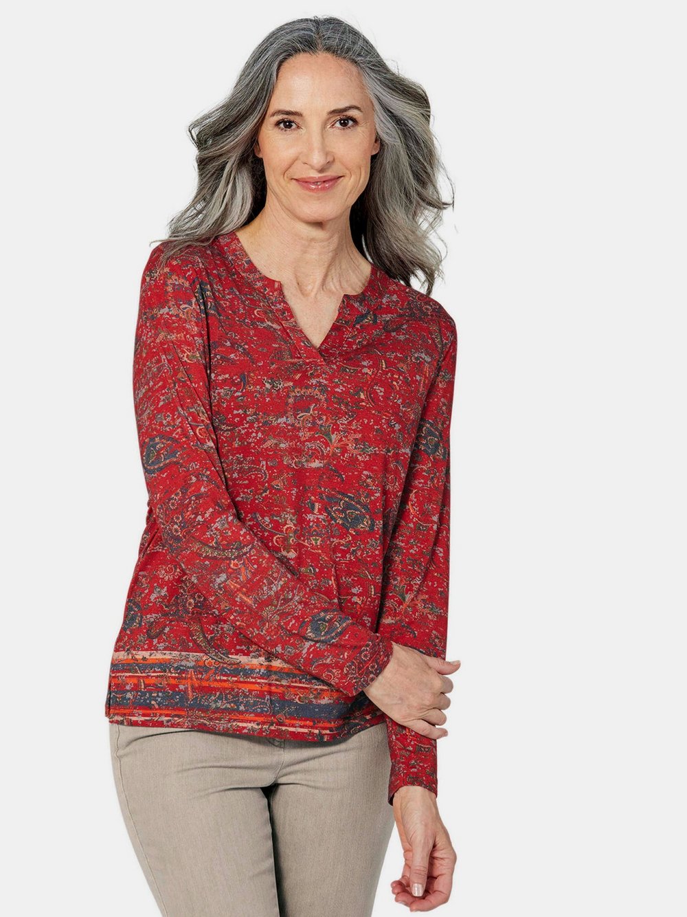 Goldner Langarmshirt Damen Viskose rot gemustert, 38