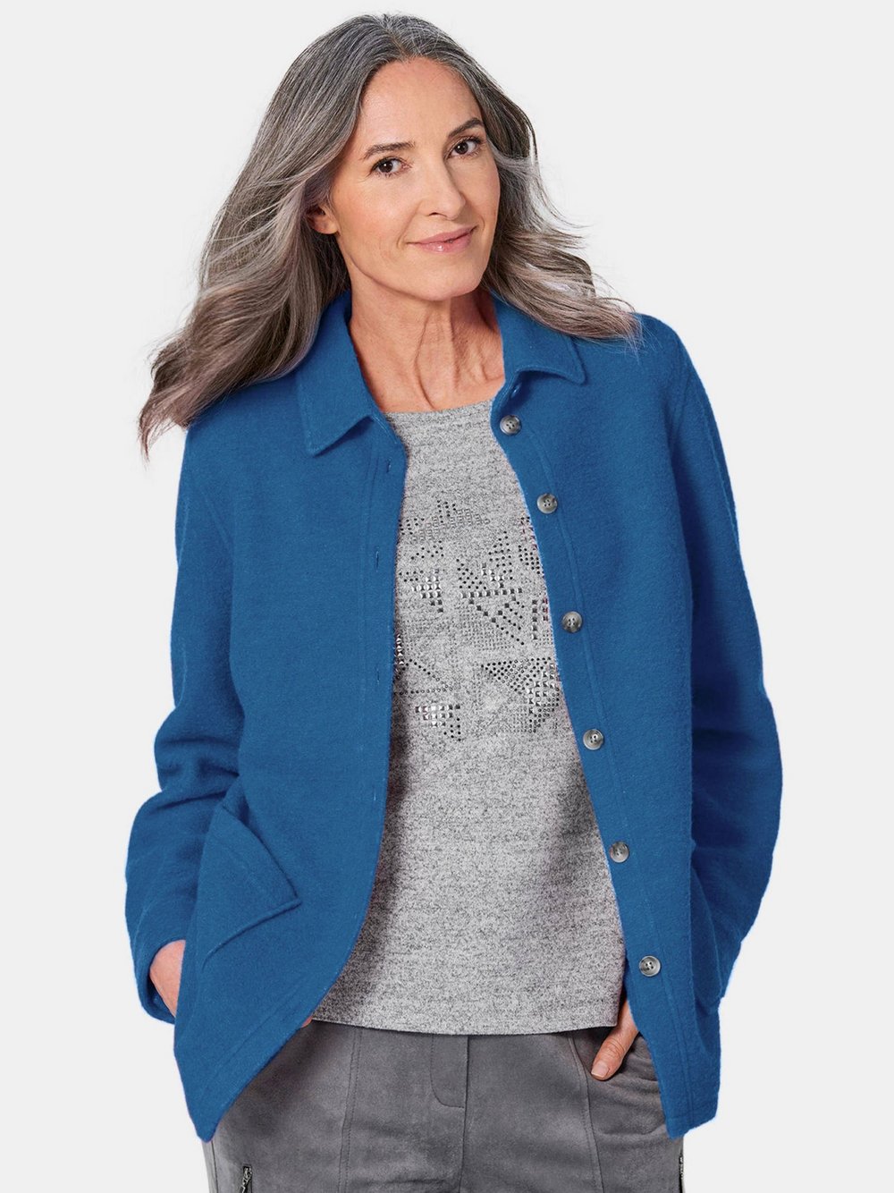 Thumbnail - Goldner Hemdjacke Damen blau, 40