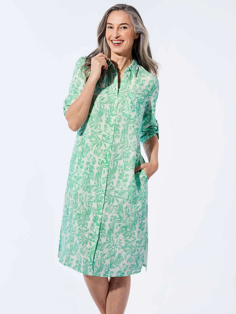 Goldner Kleid Damen Leinen grün gemustert, 44