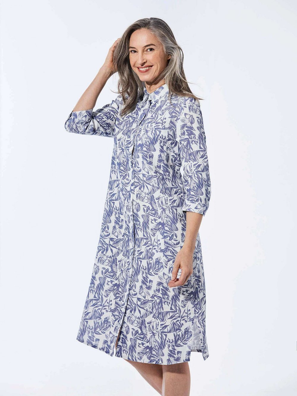 Thumbnail - Goldner Kleid Damen Leinen blau gemustert, 40