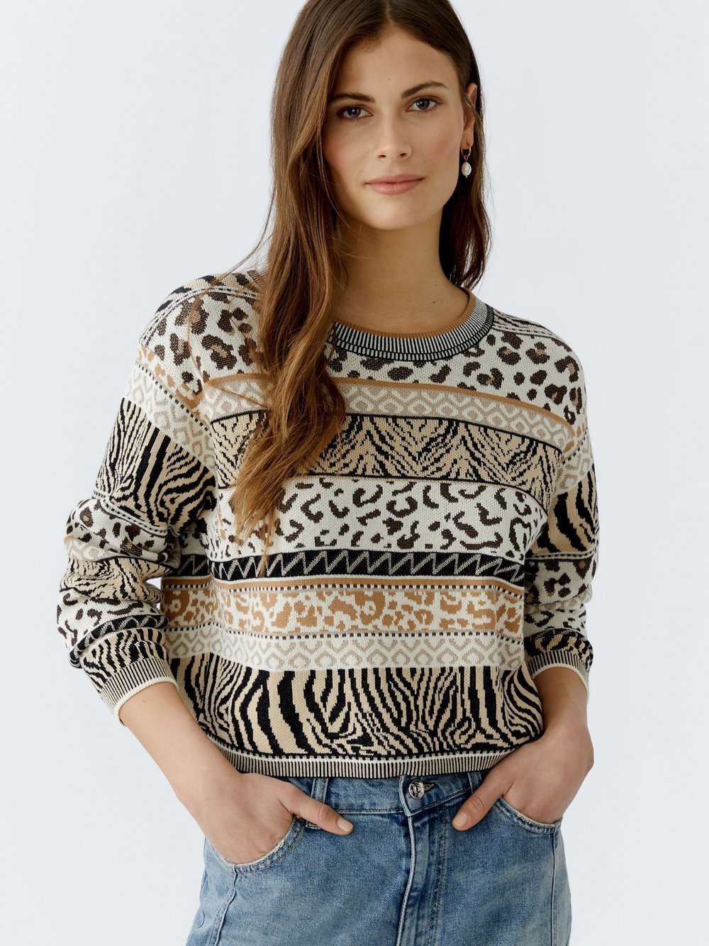 Thumbnail - Oui Pullover Damen Baumwolle beige gemustert, 42