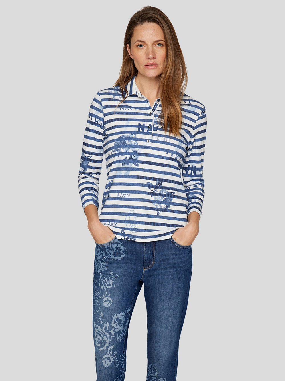 RABE T-Shirt Damen Baumwolle blau gemustert, 36