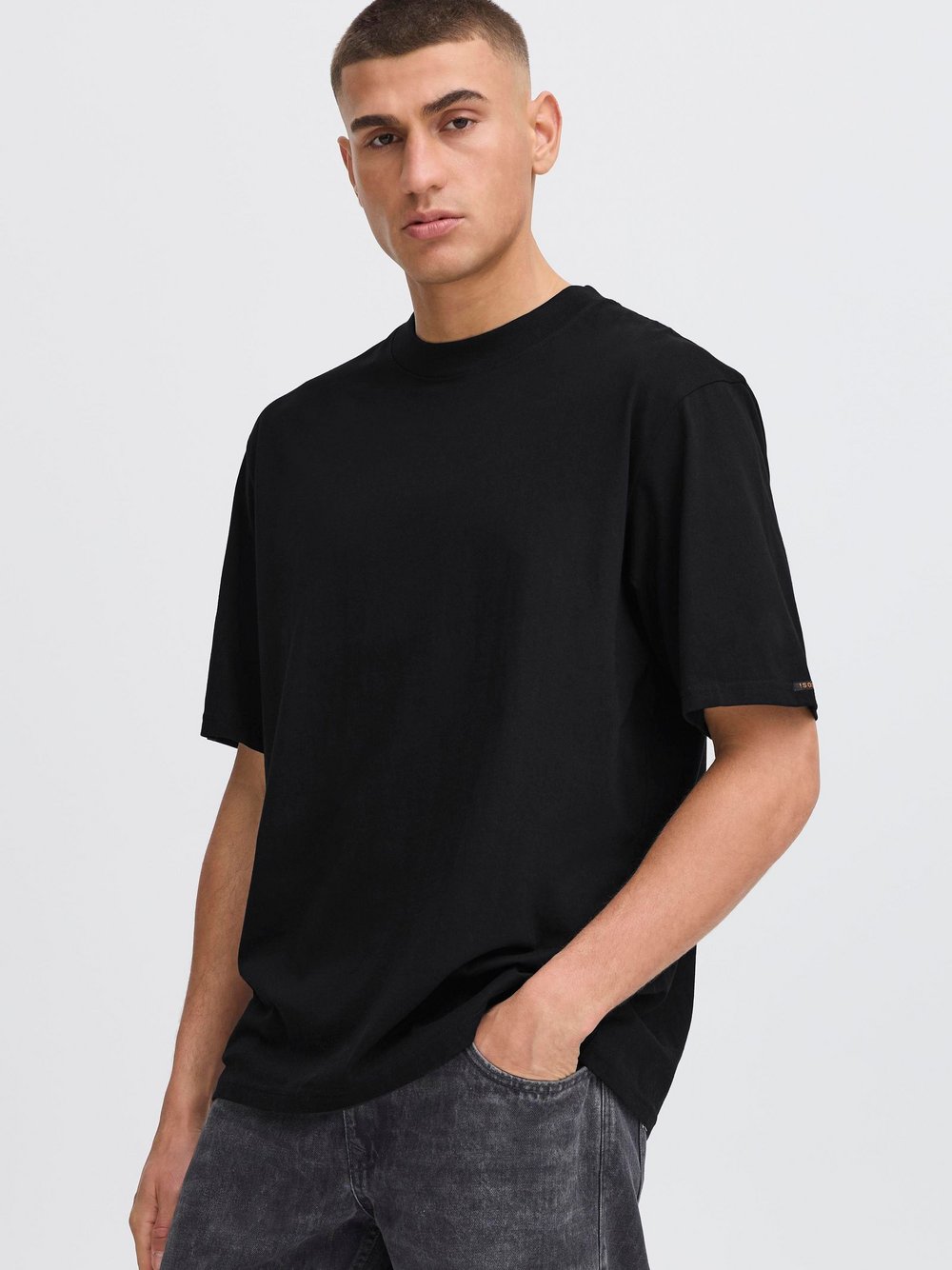 Solid Rundhalsshirt Herren Baumwolle schwarz, L