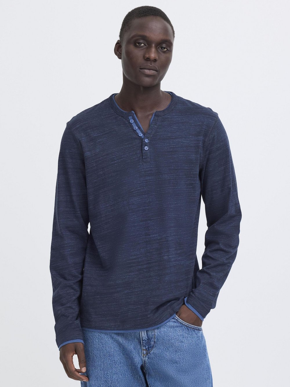 Thumbnail - BLEND Langarmshirt Herren Baumwolle blau meliert, S