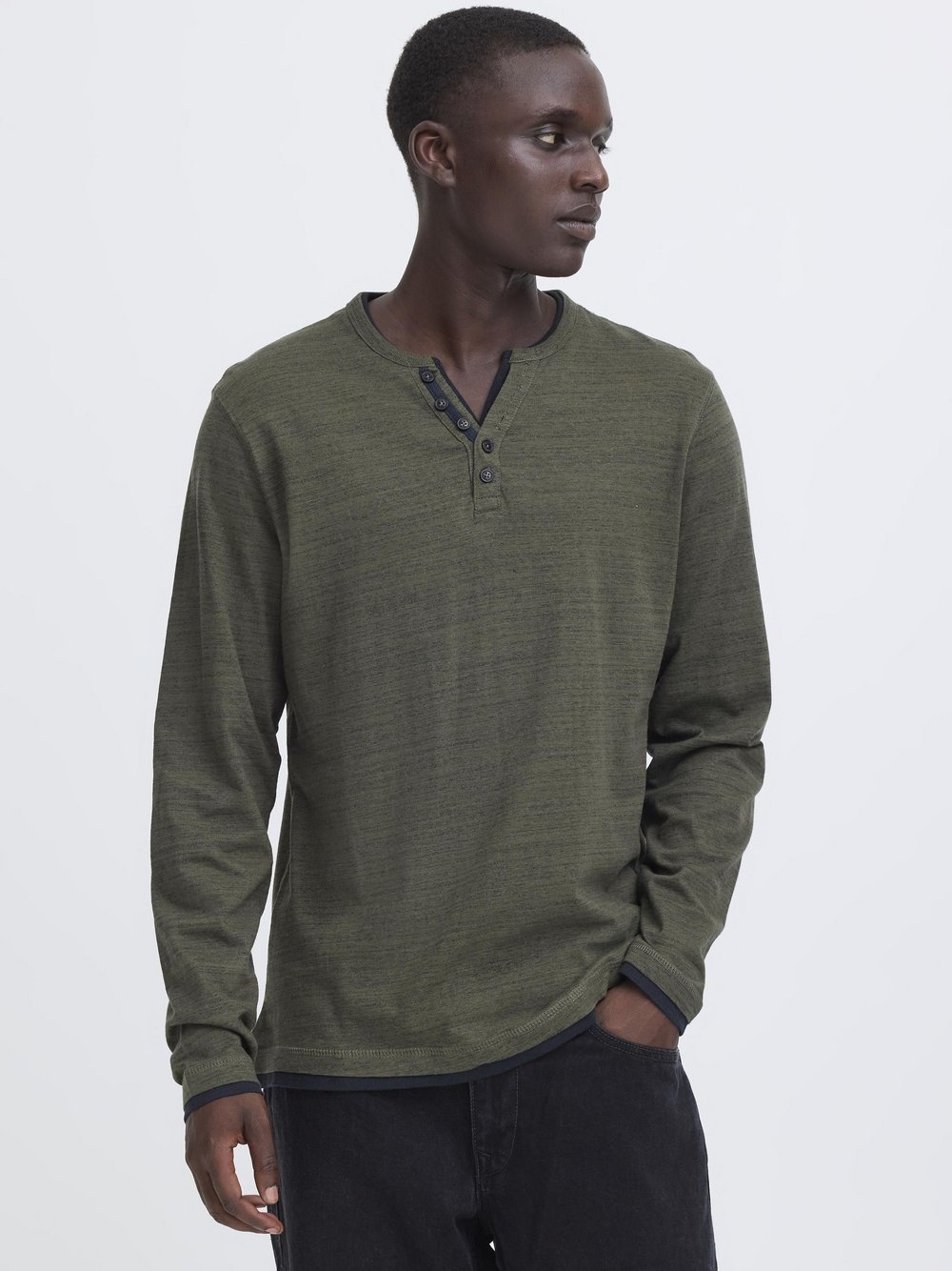 Thumbnail - BLEND Langarmshirt Herren Baumwolle grün meliert, S