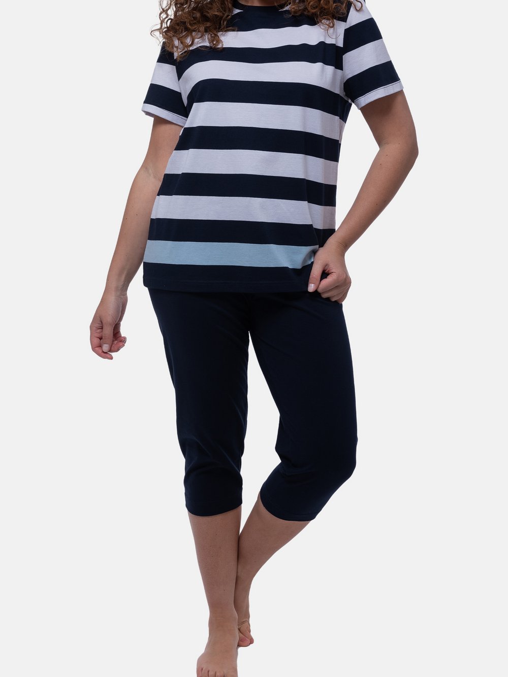 Thumbnail - Ammann Schlafanzug Damen Baumwolle blau gestreift, 40