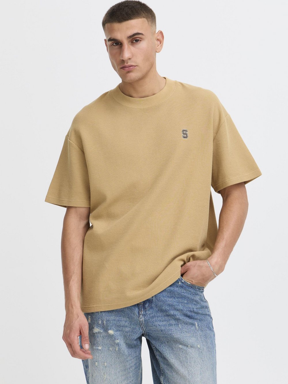 Solid Rundhalsshirt Herren Baumwolle gelb strukturiert, M