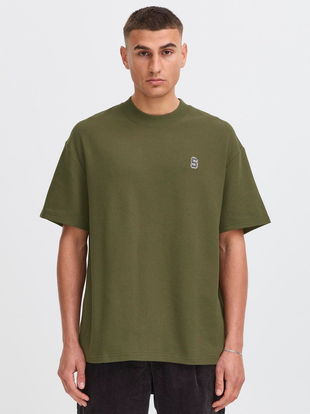 Solid Rundhalsshirt Herren Baumwolle grün strukturiert, L
