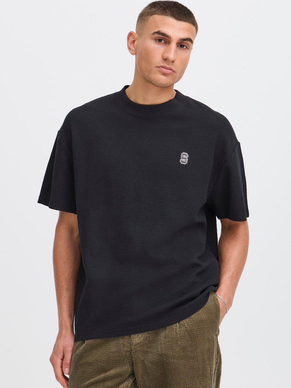 Solid Rundhalsshirt Herren Baumwolle schwarz strukturiert, XXL