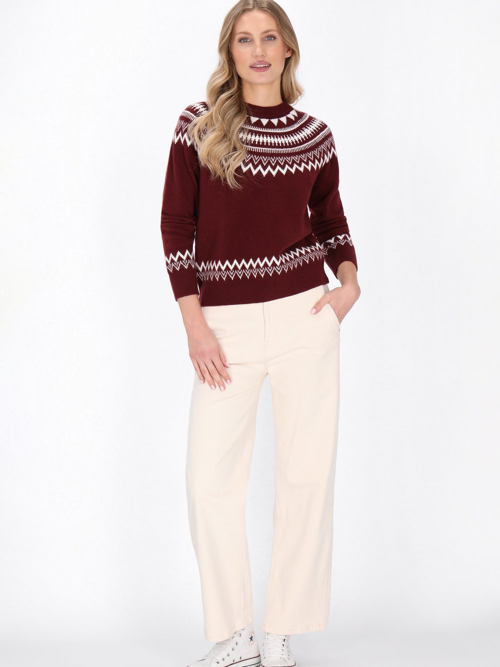 Dreimaster Pullover Damen rot gemustert, M/L