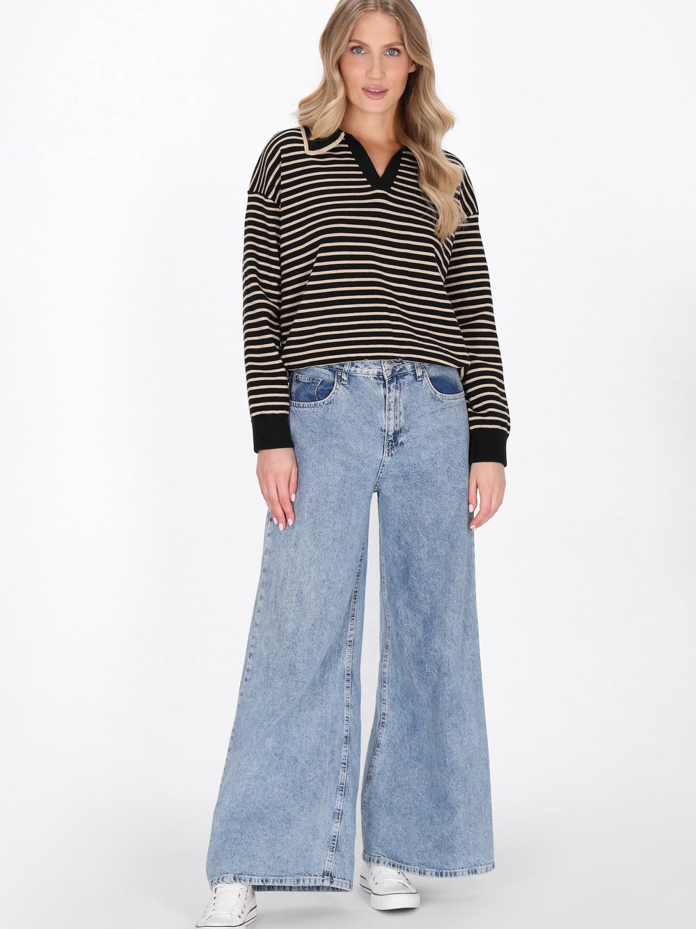 Dreimaster Pullover Damen Viskose schwarz gestreift, XS/S