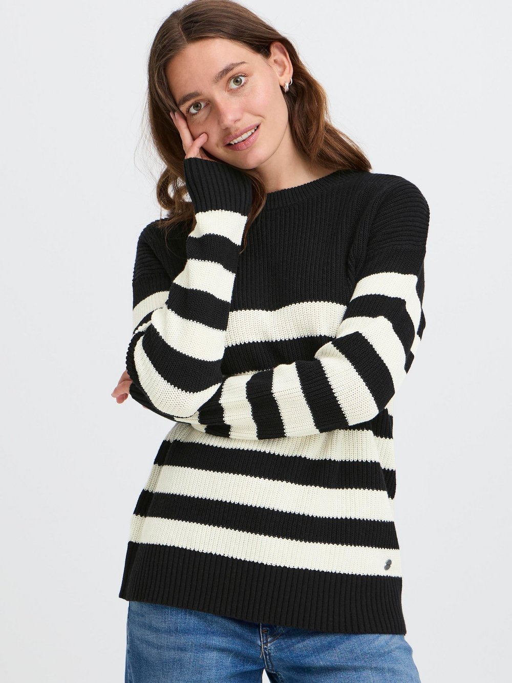 OXMO Strickpullover Damen Baumwolle schwarz gestreift, S