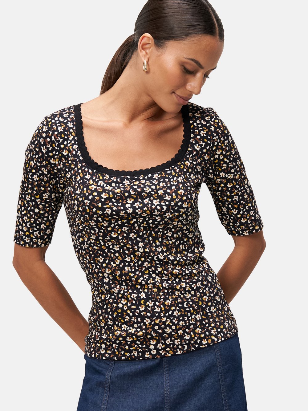 Thumbnail - zero Blumenshirt Damen Baumwolle schwarz gemustert, 40