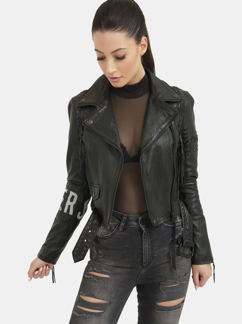 Trueprodigy Lederjacke  Damen schwarz bedruckt, XL