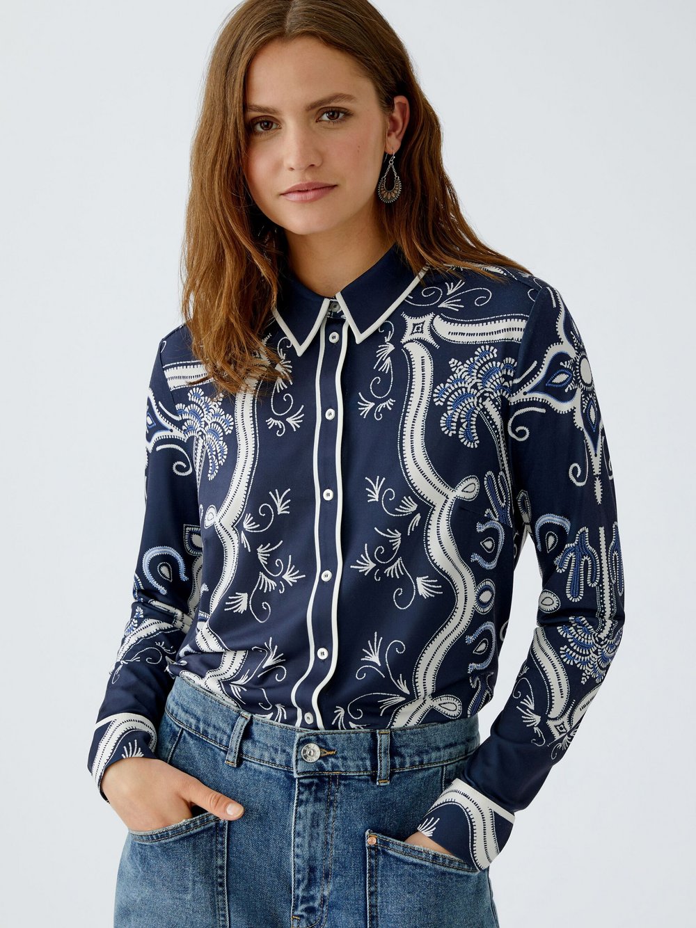 Oui Bluse Damen blau bedruckt, 44