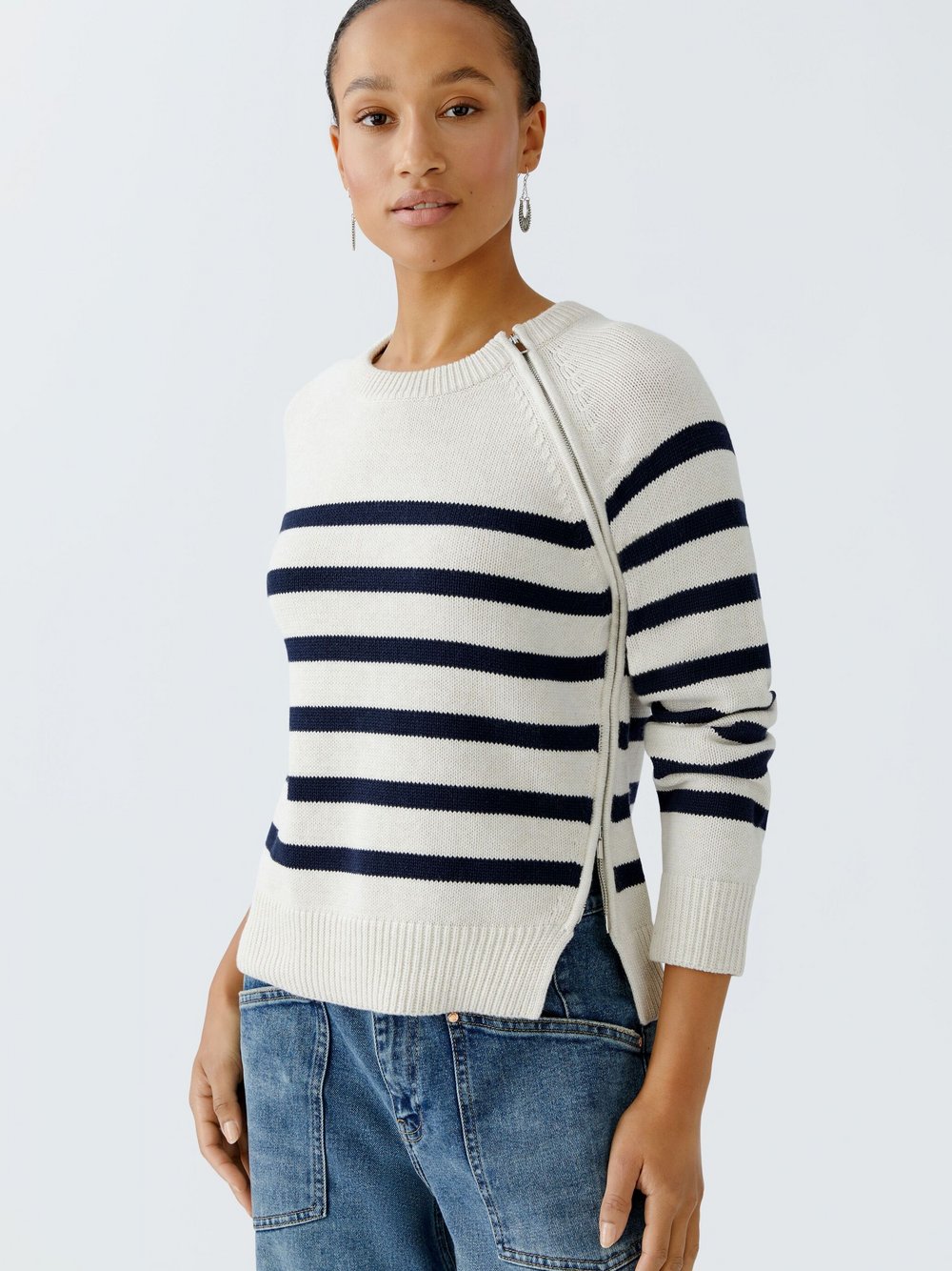 Thumbnail - Oui Pullover Damen Baumwolle weiß gestreift, 34
