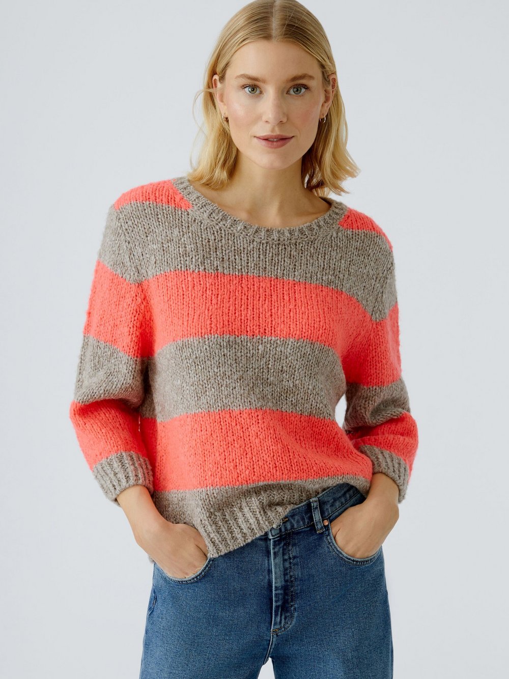 Oui Pullover Damen braun gestreift, 34