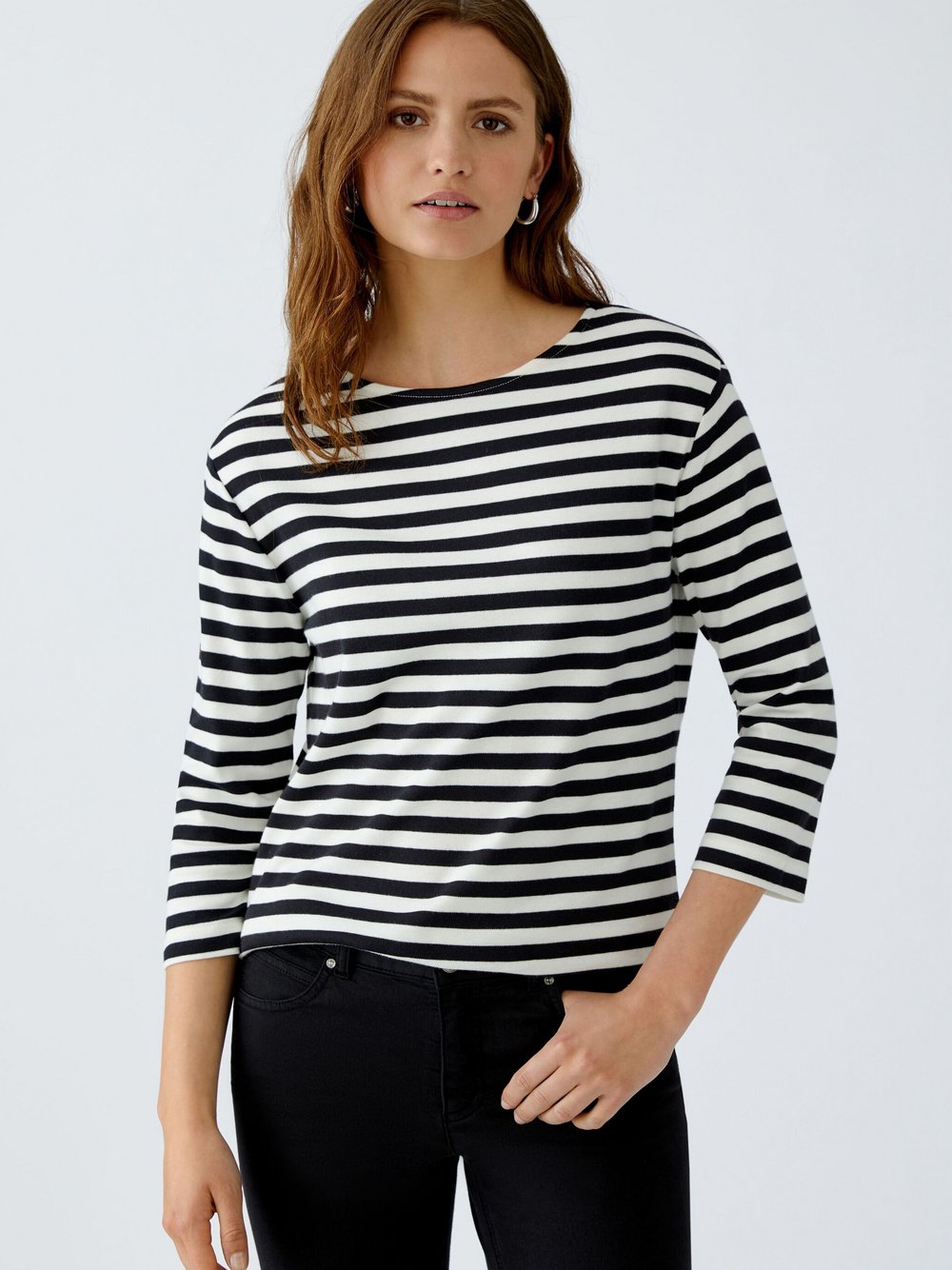 Oui T-Shirt Damen Baumwolle schwarz gestreift, 38