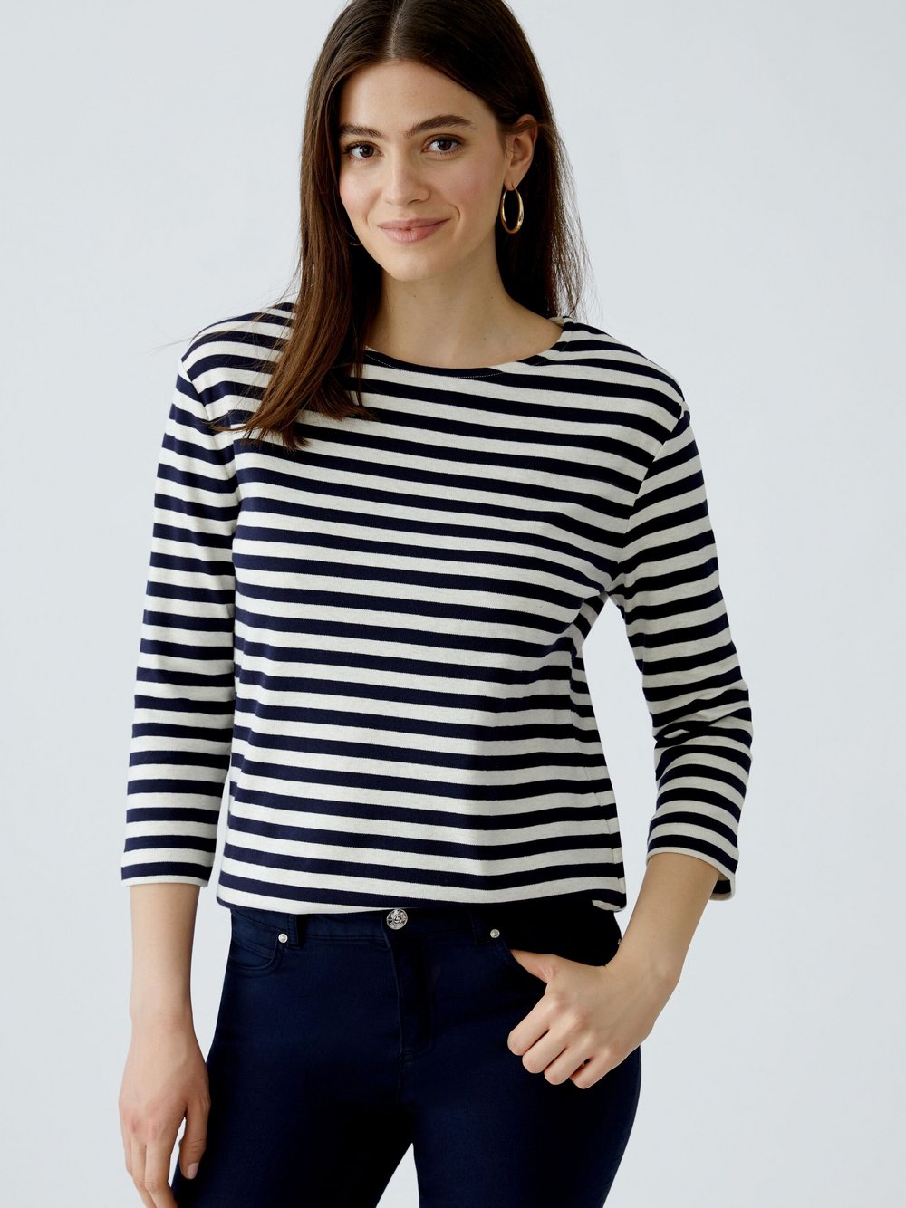 Thumbnail - Oui T-Shirt Damen Baumwolle weiß gestreift, 36