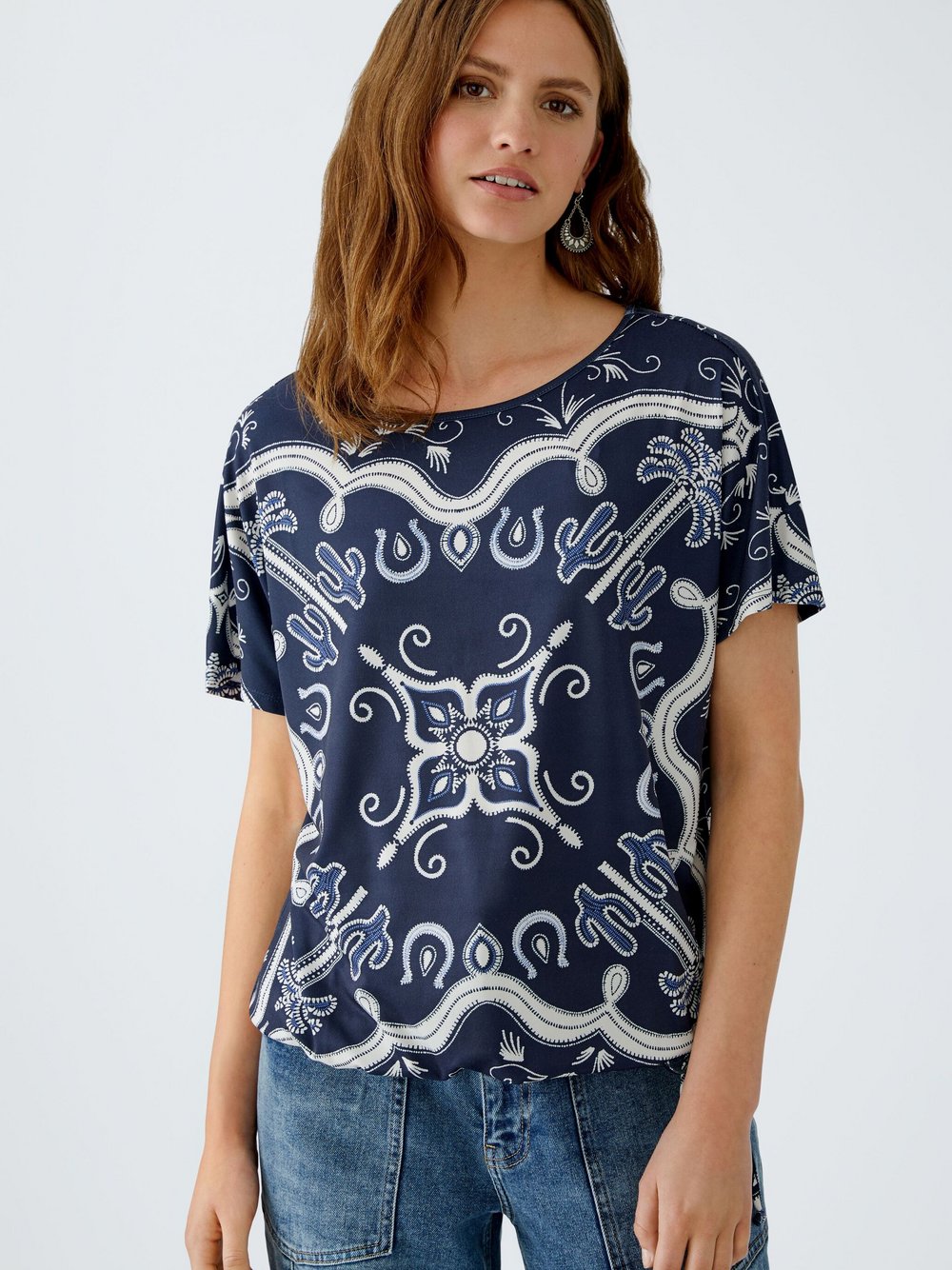 Oui T-Shirt Damen blau bedruckt, 36