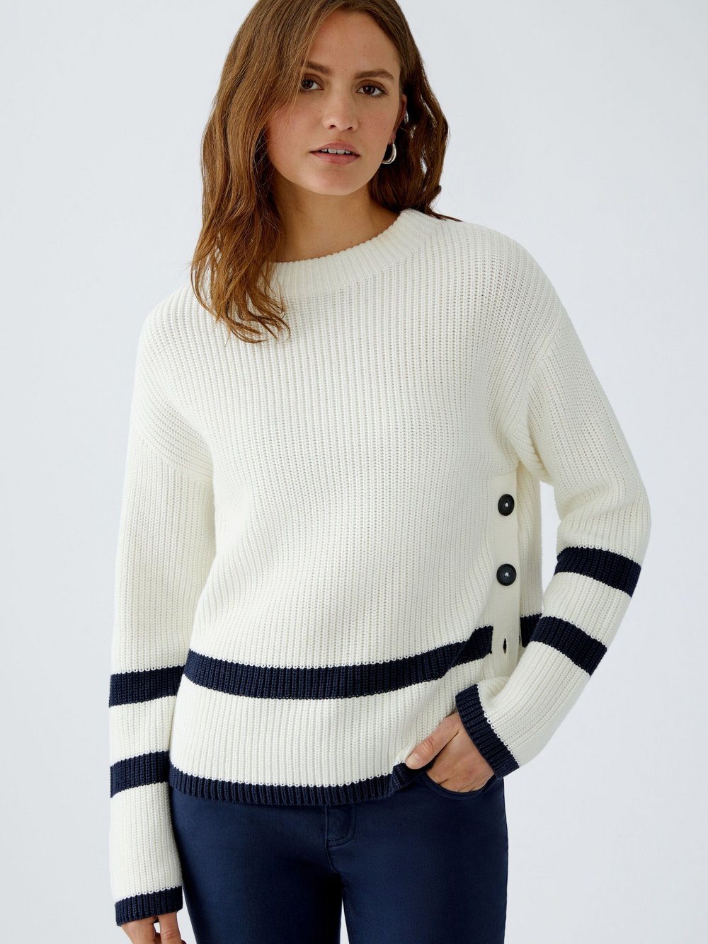 Thumbnail - Oui Pullover Damen Baumwolle weiß gestreift, 40