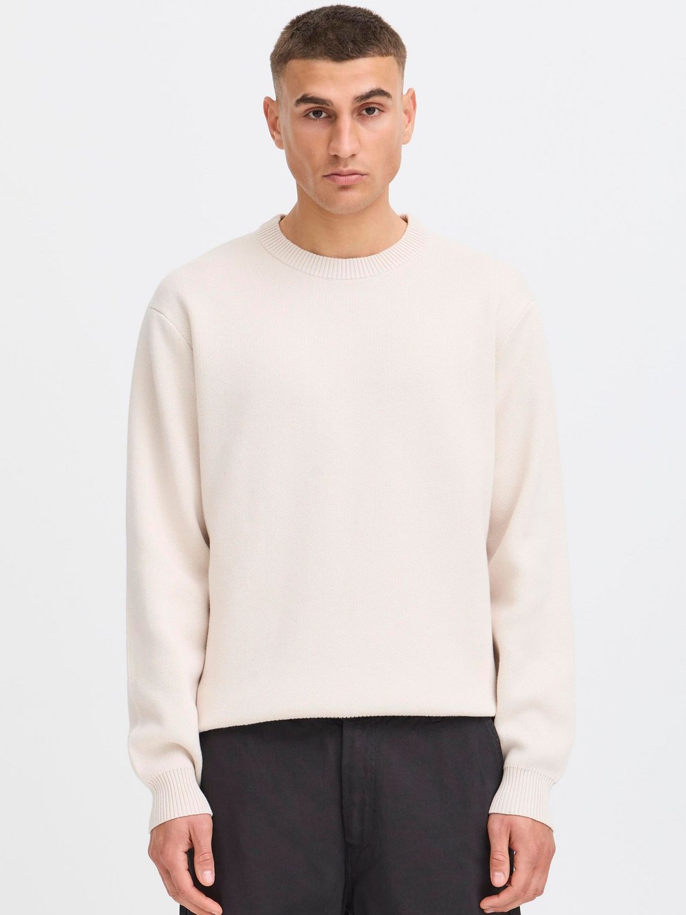 Solid Strickpullover Herren Baumwolle beige strukturiert, XL