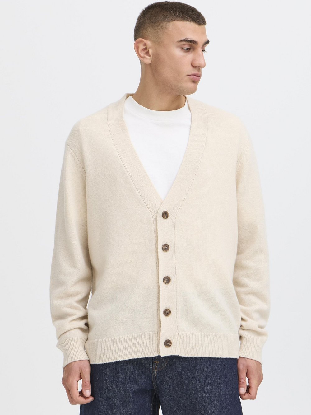 Thumbnail - Solid Strickjacke Herren Wolle beige, M